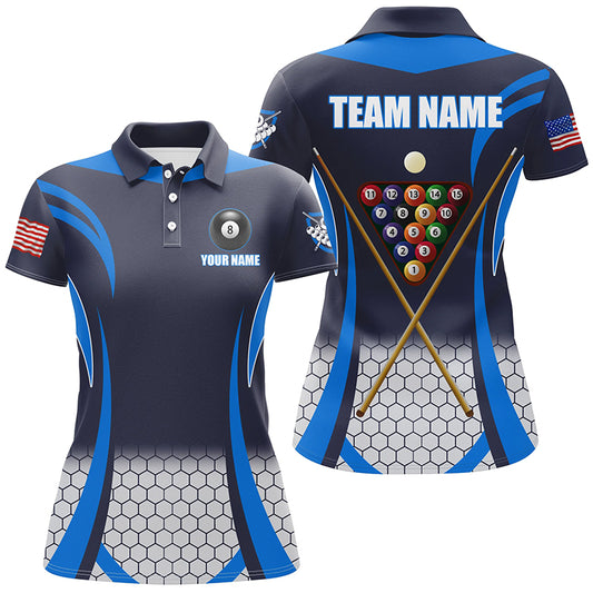 Personalized Blue 8 Bal Pool Billiard Jerseys Women Polo Shirts, Best Team League Billiard Shirts TDM1106