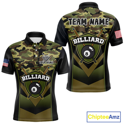 Personalized Green Camo 8 Ball Pool Billiard Shirt For Men, Billiard Team Jersey Polo & 1/4 Zip TDM6076