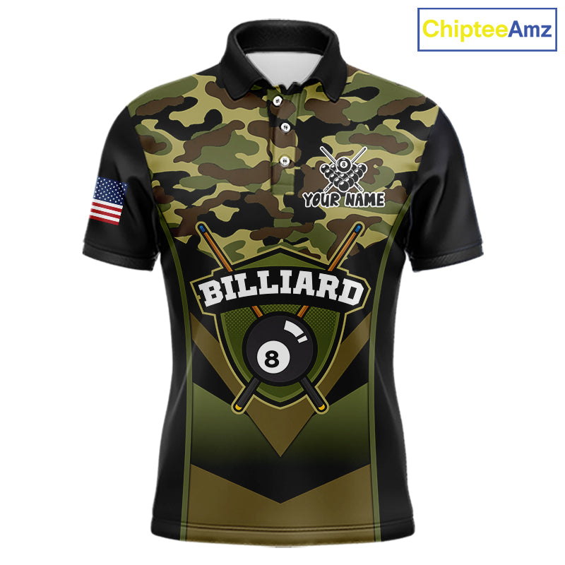 Personalized Green Camo 8 Ball Pool Billiard Shirt For Men, Billiard Team Jersey Polo & 1/4 Zip TDM6076