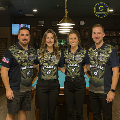 Personalized Green Camo 8 Ball Pool Billiard Shirt For Men, Billiard Team Jersey Polo & 1/4 Zip TDM6076