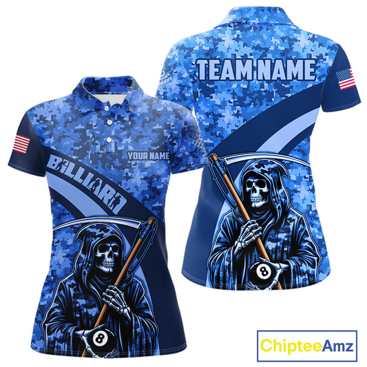 Personalized Grim Reaper Blue Camo Billiard Shirts For Women Custom Military Billiard Jerseys TDM3985