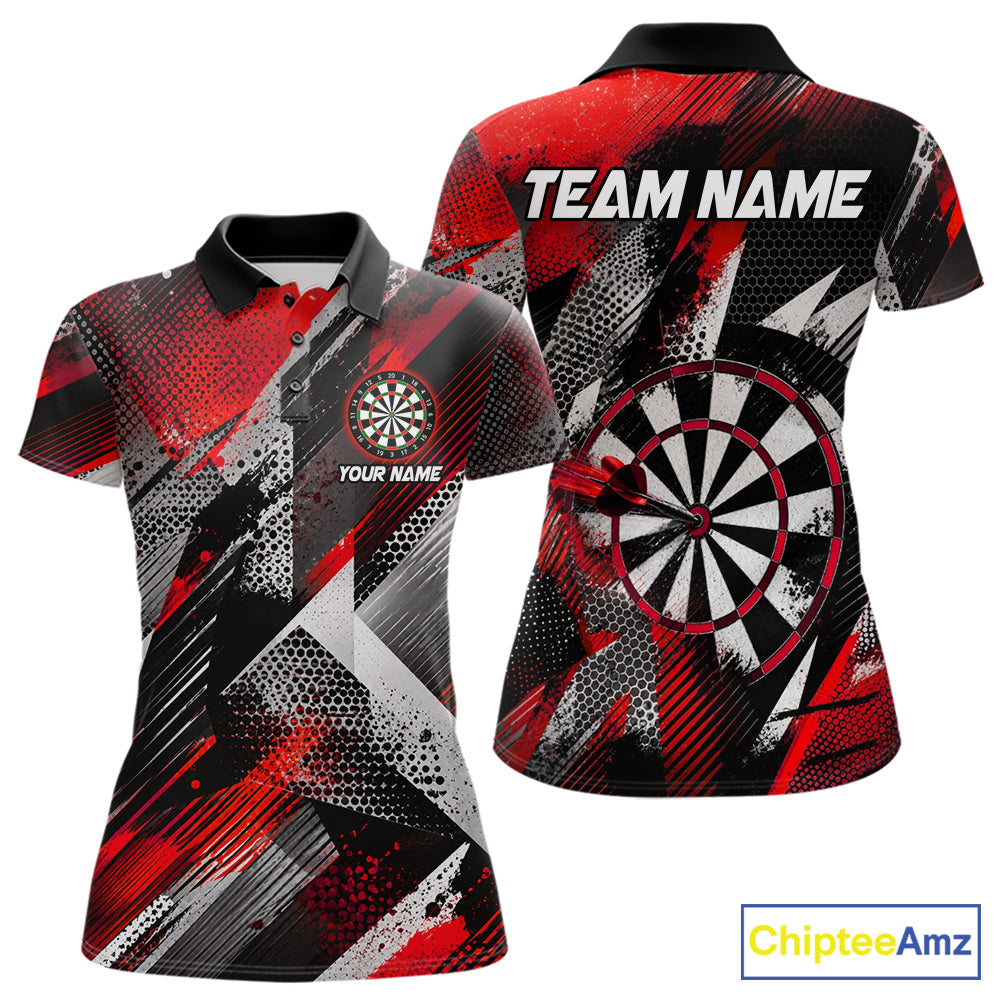 Personalized Red Geometric Grunge Darts Shirt For Women Custom Darts Team Jersey Polo & 1/4 Zip TDM6508