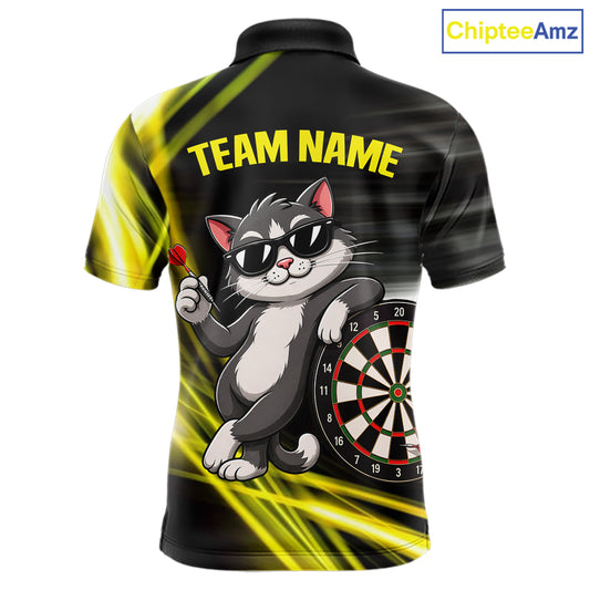 Custom Black And Yellow Funny Cat Darts Shirt For Men, Darts Jersey Polo & 1/4 Zip, Darts Gifts TDM6510