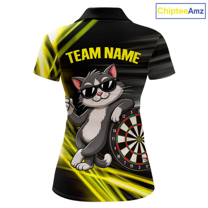 Custom Black And Yellow Funny Cat Darts Shirt For Women, Darts Jersey Polo & 1/4 Zip, Darts Gifts TDM6510