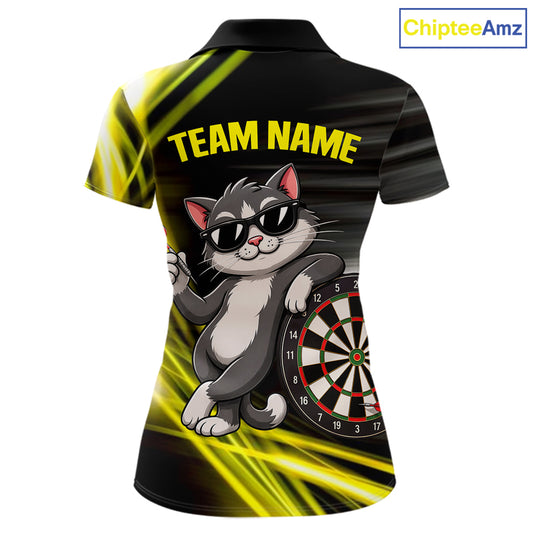 Custom Black And Yellow Funny Cat Darts Shirt For Women, Darts Jersey Polo & 1/4 Zip, Darts Gifts TDM6510