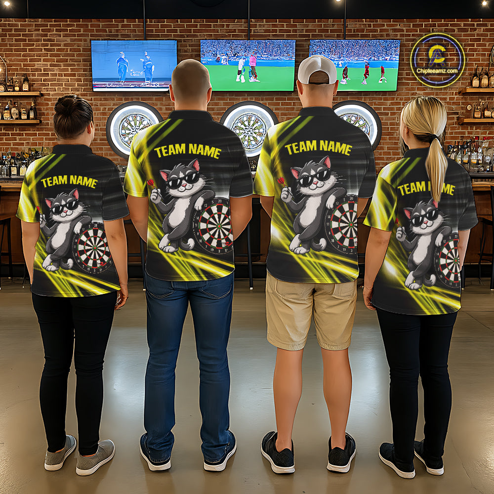 Custom Black And Yellow Funny Cat Darts Shirt For Men, Darts Jersey Polo & 1/4 Zip, Darts Gifts TDM6510