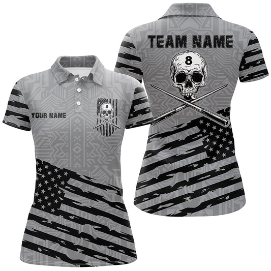 Personalized Grey US Flag Skull Billiard Shirts For Women Custom Patriotic Billiard Pool Jerseys TDM2220