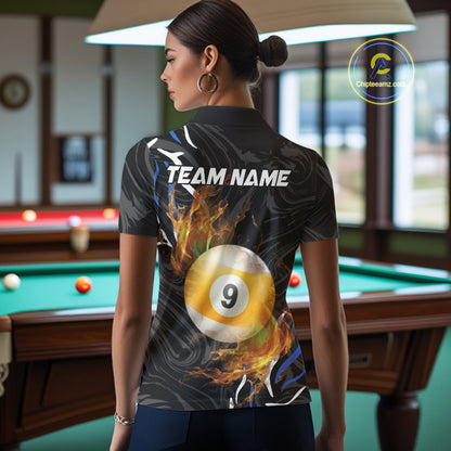 Personalized 8 Ball & 9 Ball Fire Flame Women Billiard Shirt, Billiard Jersey For Team Pooler |Blue TDM5209