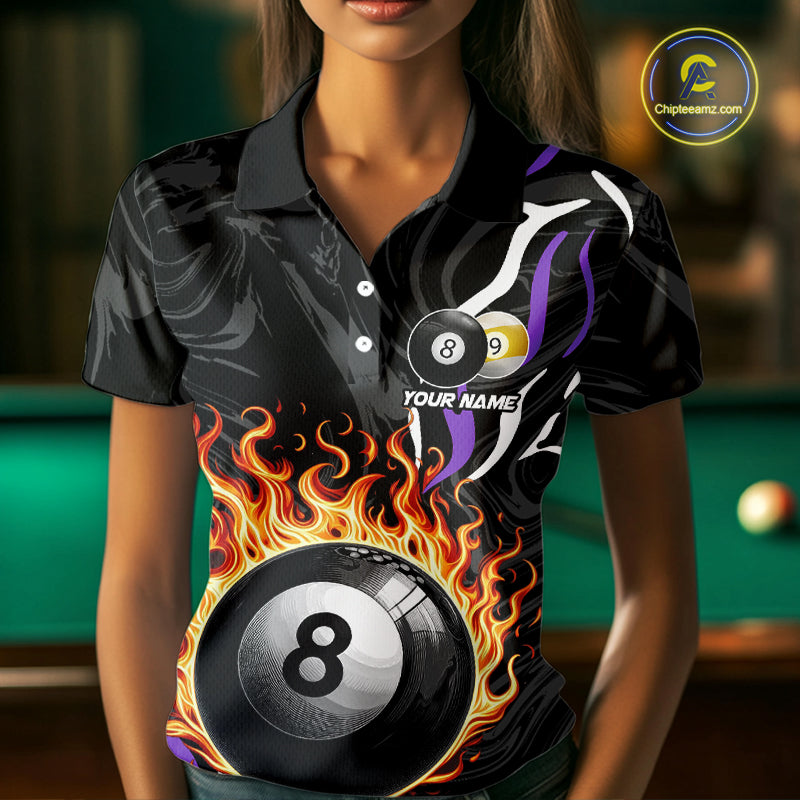Personalized 8 Ball & 9 Ball Fire Flame Women Billiard Shirt, Billiard Jersey For Team Pooler|Purple TDM5210
