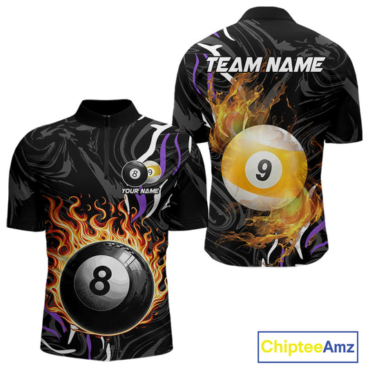 Personalized 8 Ball & 9 Ball Fire Flame Men Billiard Shirt, Billiard Jersey For Team Pooler|Purple TDM5210