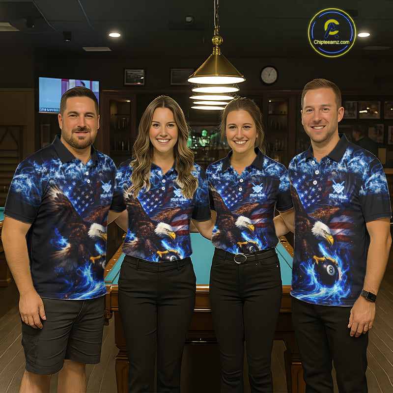 Blue Flaming Eagle 8 Ball Pool Billiard Shirt For Women Custom American Flag Billiard Team Jersey TDM5727