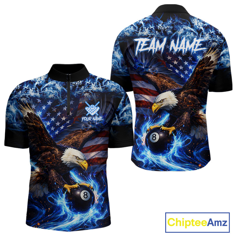 Blue Flaming Eagle 8 Ball Pool Billiard Shirt For Men Custom American Flag Billiard Team Jersey TDM5727