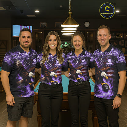 Purple Flaming Eagle 8 Ball Pool Billiard Shirt For Women Custom American Flag Billiard Team Jersey TDM5728