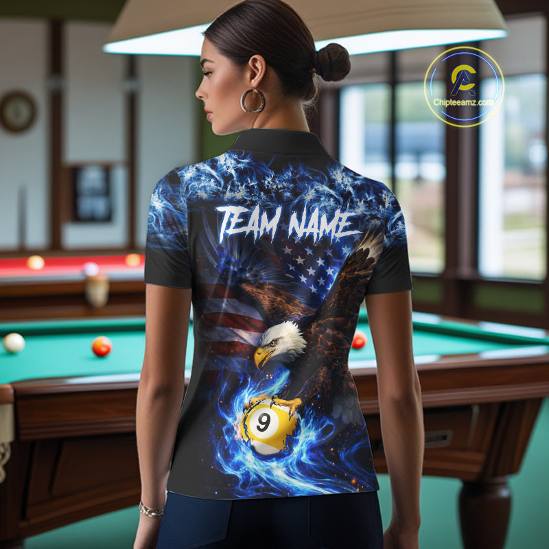 Blue Flaming Eagle 8 Ball 9 Ball Pool Billiard Shirt For Women Custom American Flag Billiard Jersey TDM5729
