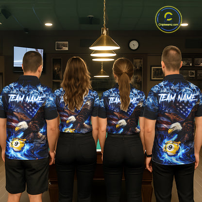 Blue Flaming Eagle 8 Ball 9 Ball Pool Billiard Shirt For Women Custom American Flag Billiard Jersey TDM5729