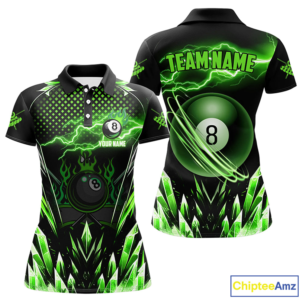 Personalized Green Icy Lightning 8 Ball Pool Women Polo Shirts Custom Billiard Team League Jersey TDM1443