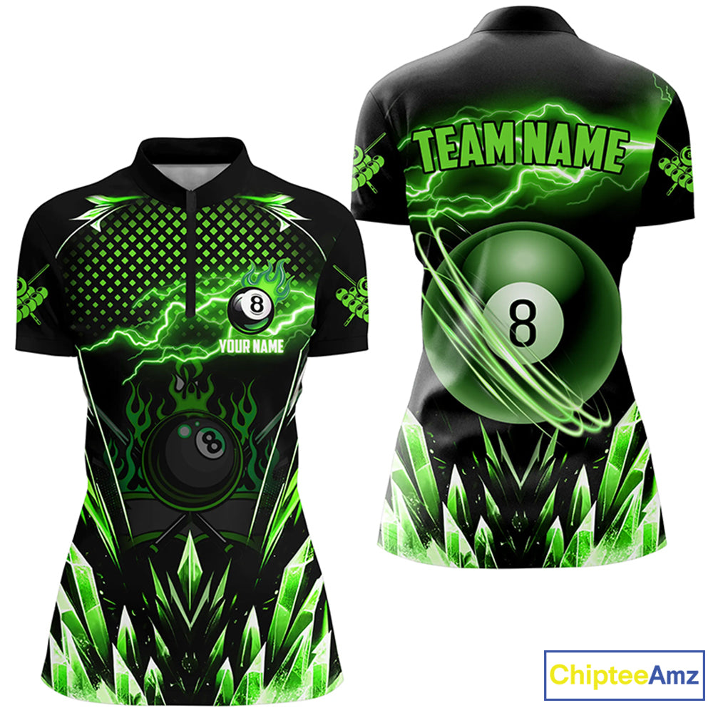 Custom Green Icy Lightning 8 Ball Pool Women Quarter-Zip Shirts, Billiard Team League Jersey TDM1443