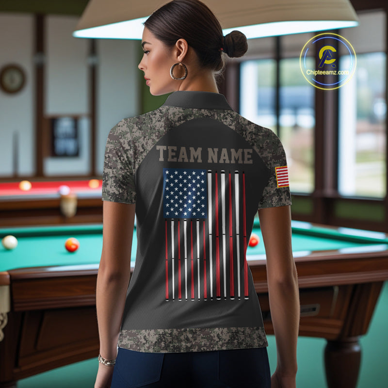 Personalized Retro Camo US Flag Billiard Shirt For Women, 8 Ball Pool Team Jersey Polo & 1/4 Zip TDM6336