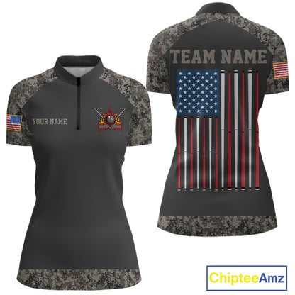 Personalized Retro Camo US Flag Billiard Shirt For Women, 8 Ball Pool Team Jersey Polo & 1/4 Zip TDM6336