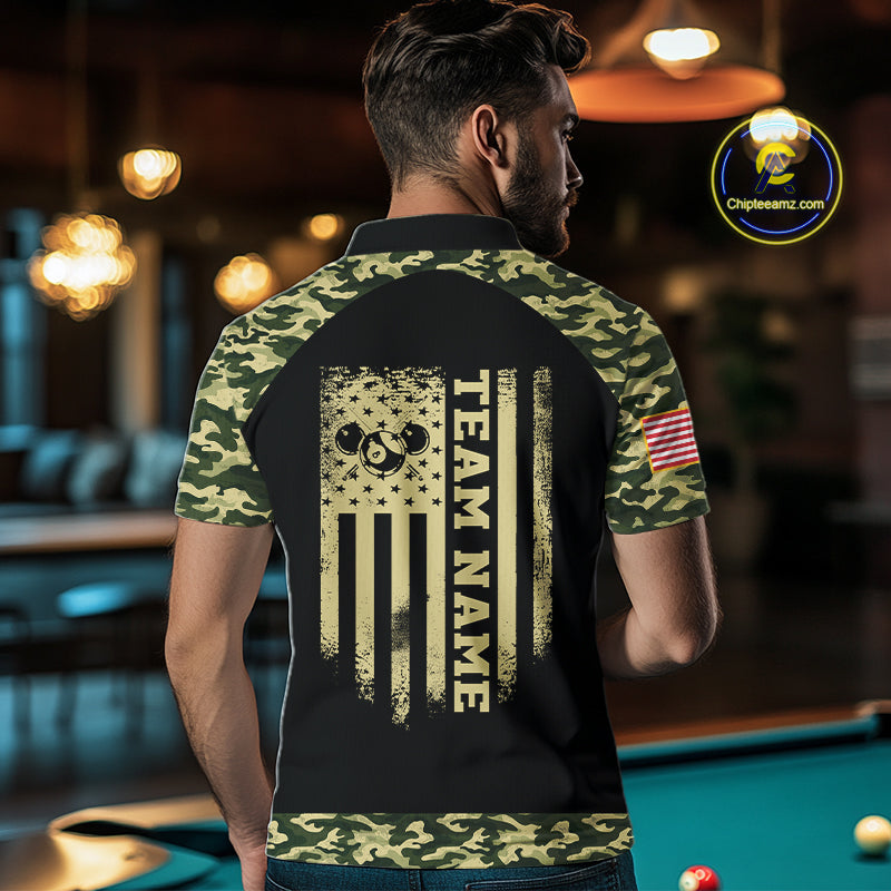 Personalized Green Camo US Flag Billiard Shirt For Men Custom Pool Team Jersey Polo & 1/4 Zip TDM6337