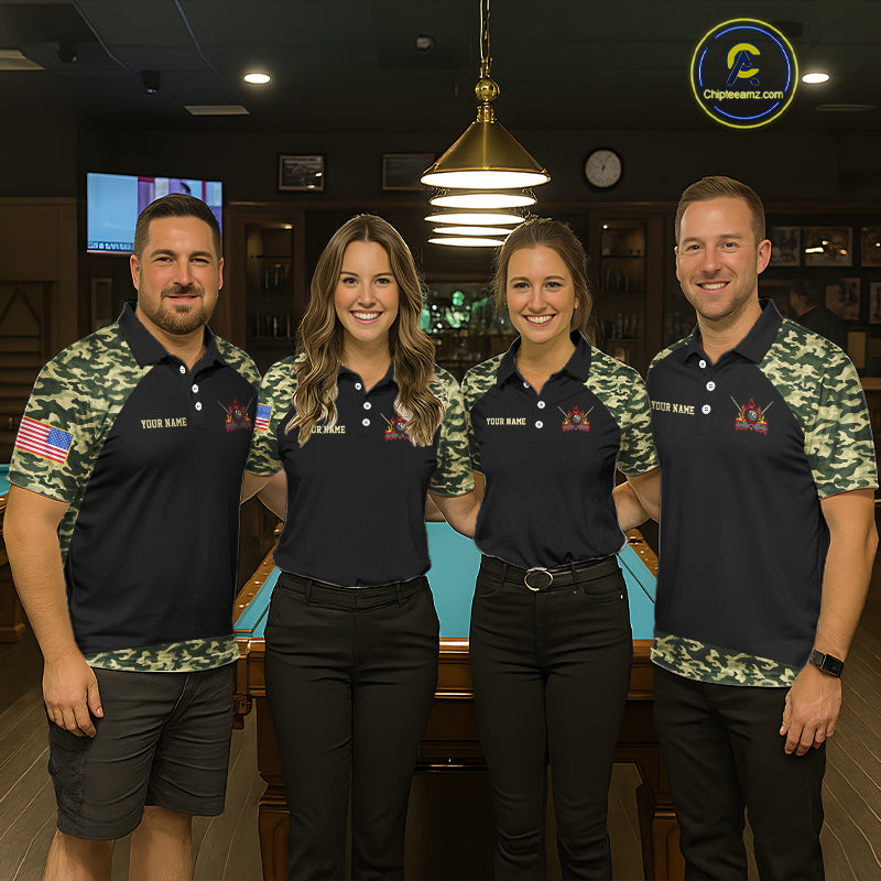 Personalized Green Camo US Flag Billiard Shirt For Men Custom Pool Team Jersey Polo & 1/4 Zip TDM6337