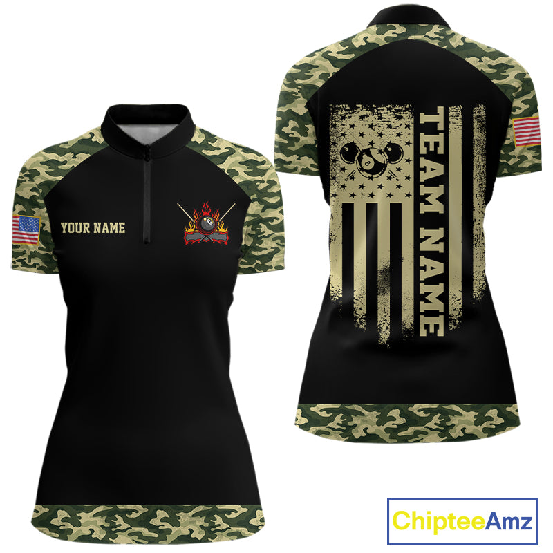 Personalized Green Camo US Flag Billiard Shirt For Women Custom Pool Team Jersey Polo & 1/4 Zip TDM6337
