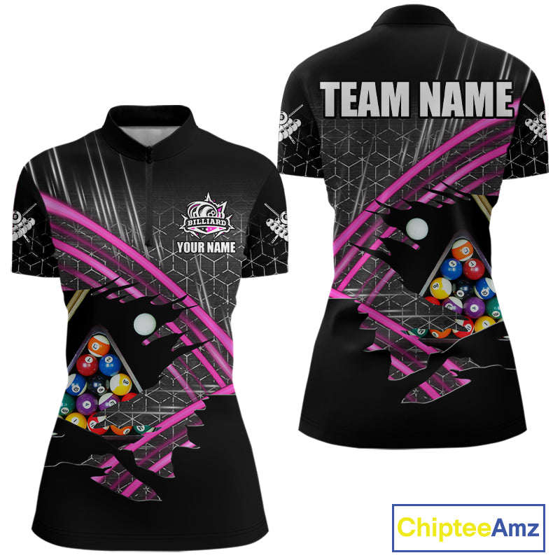 Personalized Billiard Shirts For Women Custom 8 Ball Pool Team Jersey Polo & Quarter Zip | Pink TDM6339