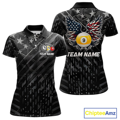 Black US Flag 9 Ball Pool Wings Billiard Shirt For Women Custom Billiard Team Jersey Polo & 1/4 Zip TDM6340