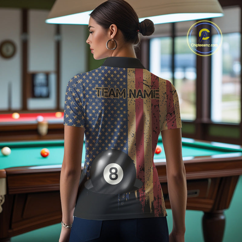 Vintage American Flag 8 Ball Billiard Shirts For Women Custom Patriotic Pool Team Jerseys TDM3998