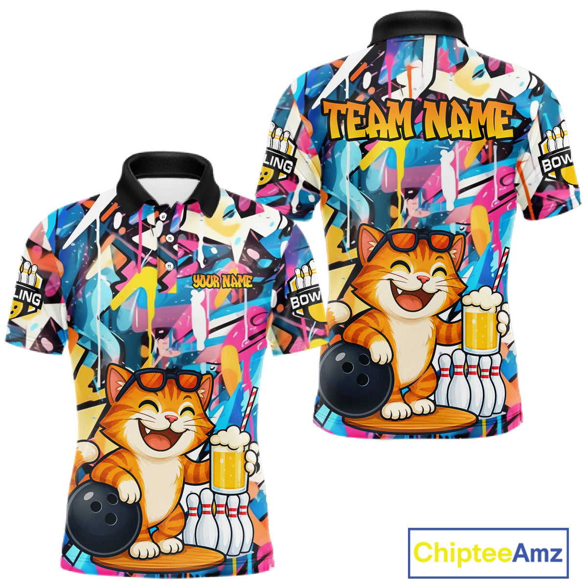 Funny Cat Colorful Graffiti Bowling Shirts For Men, Best Bowling Team Jersey Polo & 1/4 Zip TDM6513