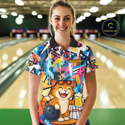 Funny Cat Colorful Graffiti Bowling Shirts For Women, Best Bowling Team Jersey Polo & 1/4 Zip TDM6513
