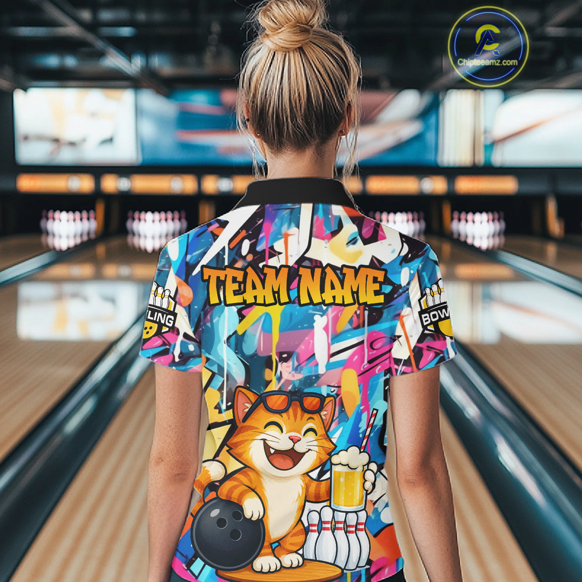 Funny Cat Colorful Graffiti Bowling Shirts For Women, Best Bowling Team Jersey Polo & 1/4 Zip TDM6513