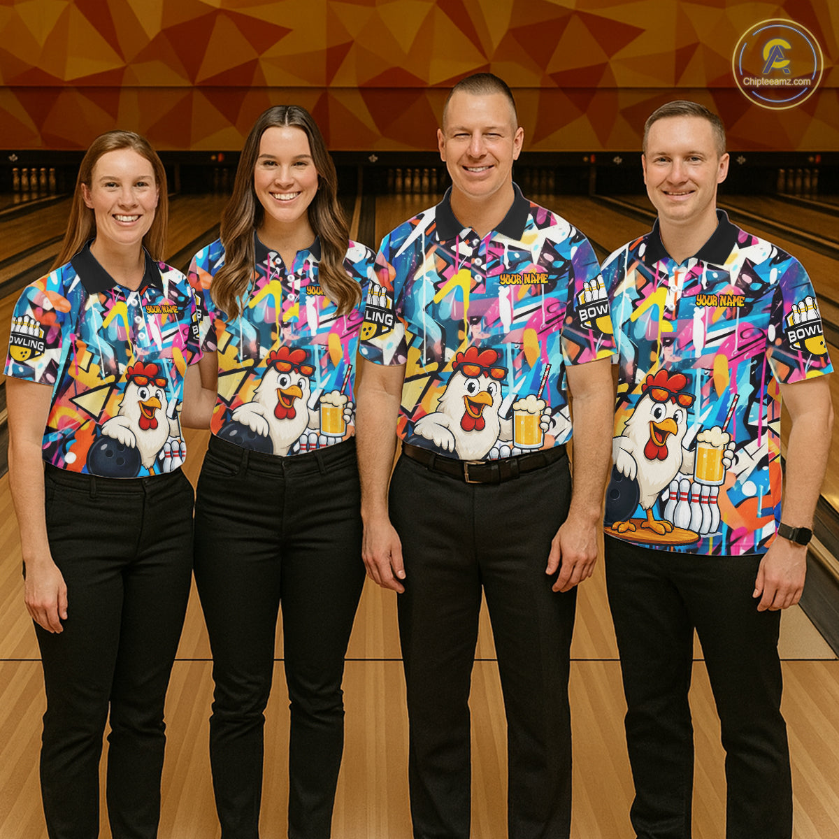 Funny Chicken Colorful Graffiti Bowling Shirts For Women, Best Bowling Team Jersey Polo & 1/4 Zip TDM6515