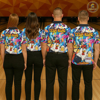 Funny Chicken Colorful Graffiti Bowling Shirts For Women, Best Bowling Team Jersey Polo & 1/4 Zip TDM6515