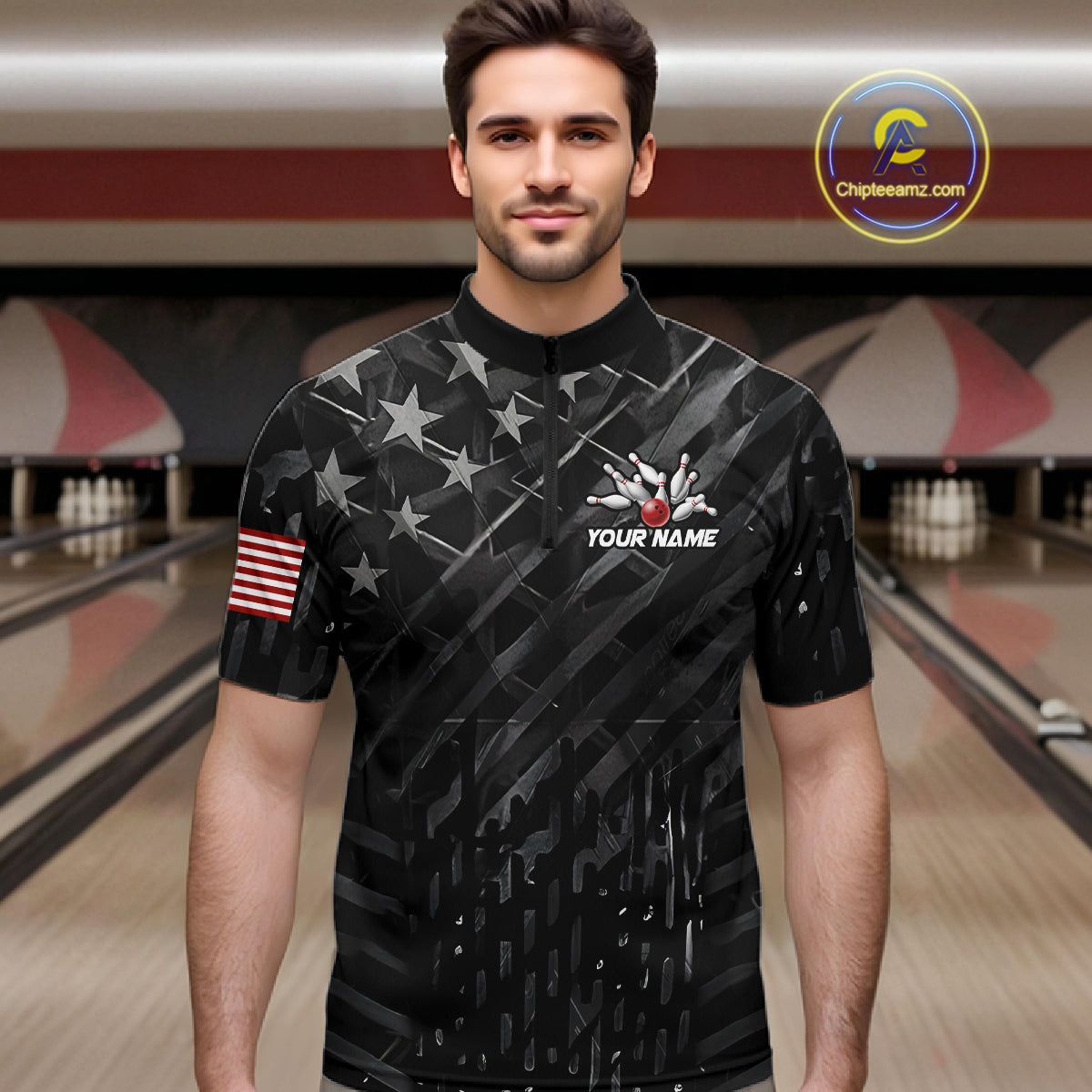 Man wearing a black American flag wings bowling quarter zip jersey during tournament play front view.