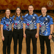 Load image into Gallery viewer, Bowling team wearing matching blue thunder lightning tornado bowling jerseys during tournament matches front view.