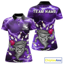 Load image into Gallery viewer, Purple thunder lightning tornado bowling polo shirt for women with custom bowling team graphics.