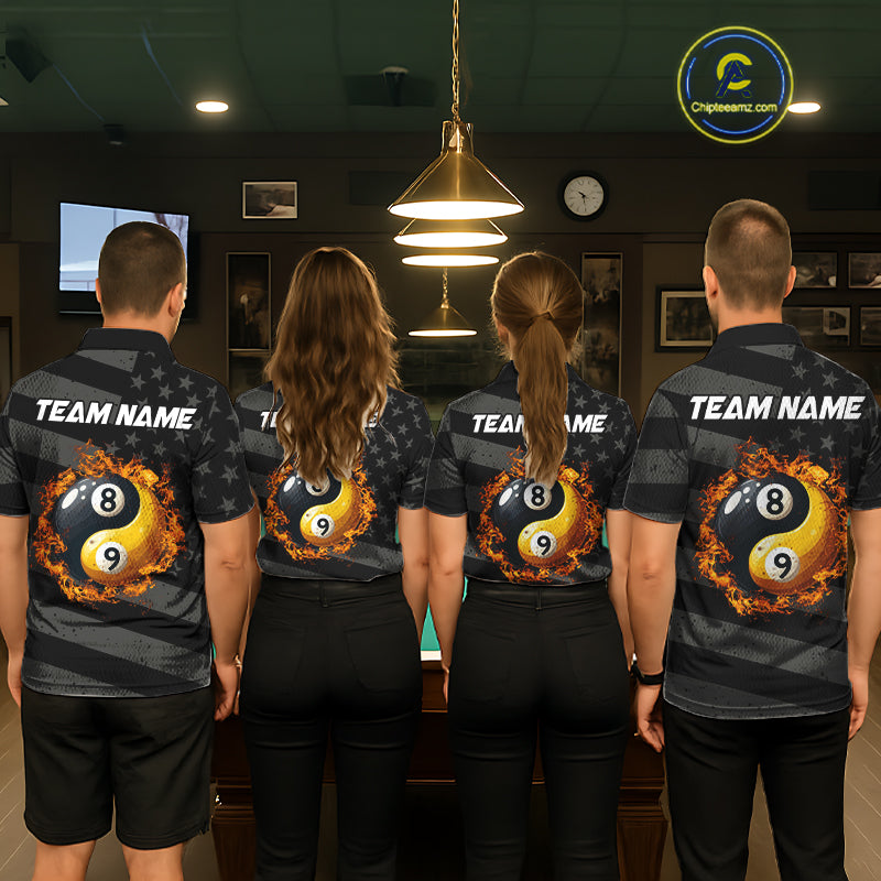 Black US Flag Yin-Yang 8 Ball & 9 Ball Custom Billiard Shirts For Women, Billiard Team Jersey TDM5460