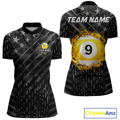 Black US Flag 9 Ball Fire Billiard Shirt For Women Custom Pool Team Billiard Jersey Polo & 1/4 Zip TDM5461
