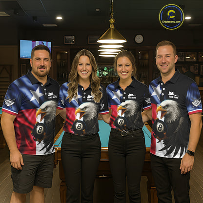 Texas Flag Eagle 8 Ball Women's Billiard Polo & 1/4 Zip Custom Patriotic Team Billiard Pool Jersey TDM5464