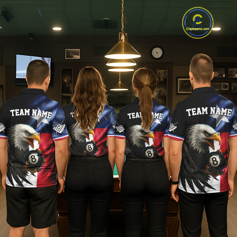 Texas Flag Eagle 8 Ball Women's Billiard Polo & 1/4 Zip Custom Patriotic Team Billiard Pool Jersey TDM5464