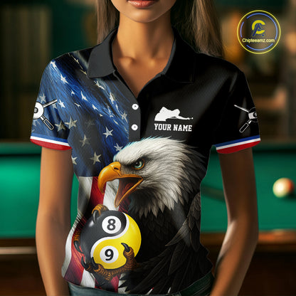 American Flag Yin-Yang 8&9 Ball Eagle Billiard Shirt For Women Custom Patriotic Billiard Team Jersey TDM5465