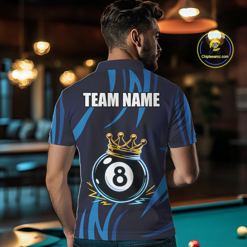 Blue Funny 8 Ball Pool Crown Neon Billiard Shirt For Men Custom Billiard Team Jersey Polo, 1/4 Zip TDM5737