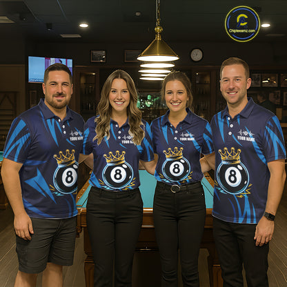 Blue Funny 8 Ball Pool Crown Neon Billiard Shirt For Women Custom Billiard Team Jersey Polo, 1/4 Zip TDM5737