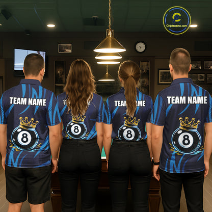 Blue Funny 8 Ball Pool Crown Neon Billiard Shirt For Women Custom Billiard Team Jersey Polo, 1/4 Zip TDM5737
