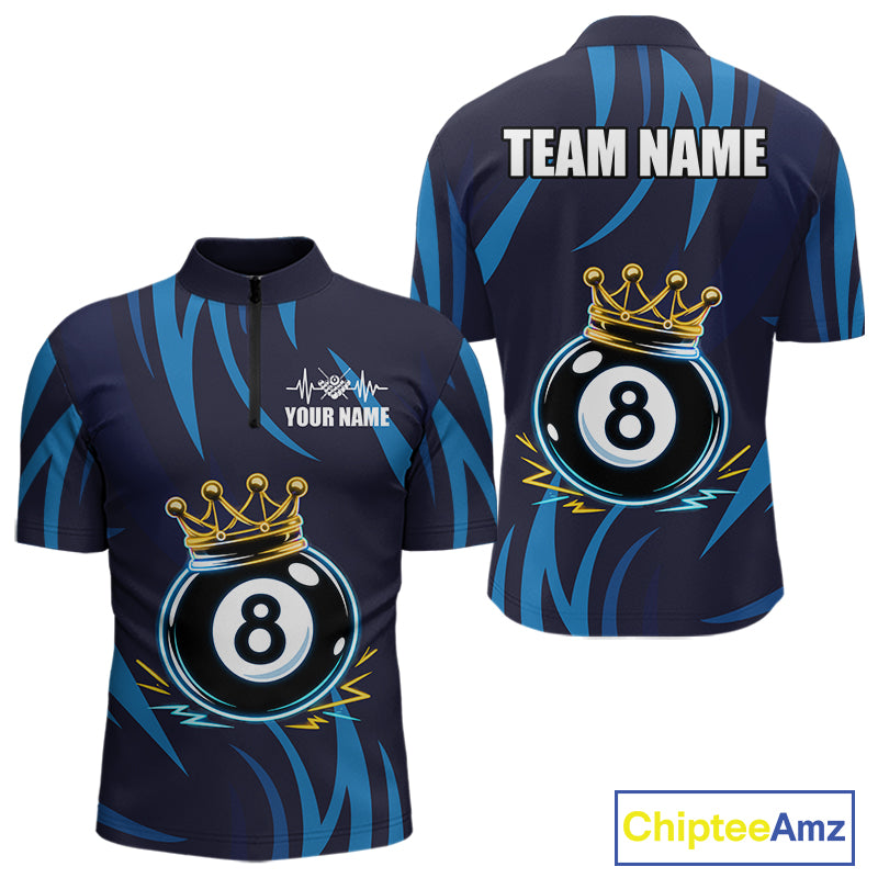 Blue Funny 8 Ball Pool Crown Neon Billiard Shirt For Men Custom Billiard Team Jersey Polo, 1/4 Zip TDM5737
