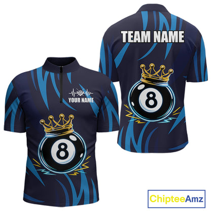 Blue Funny 8 Ball Pool Crown Neon Billiard Shirt For Men Custom Billiard Team Jersey Polo, 1/4 Zip TDM5737