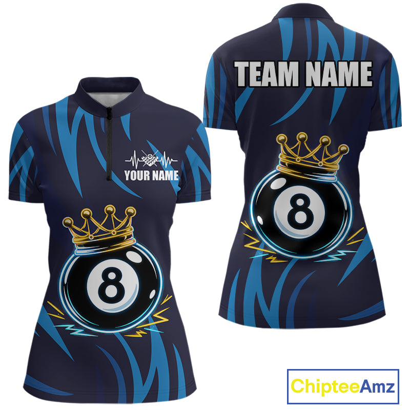 Blue Funny 8 Ball Pool Crown Neon Billiard Shirt For Women Custom Billiard Team Jersey Polo, 1/4 Zip TDM5737
