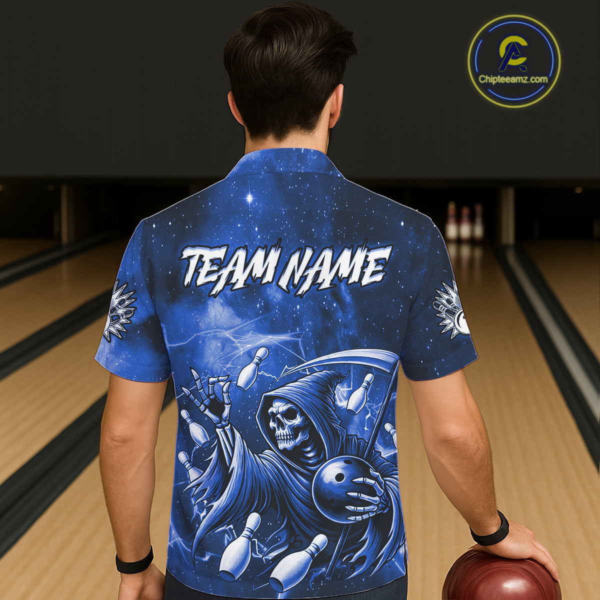 Funny Blue Grim Reaper Galaxy Hawaiian Bowling Shirt For Women Custom Bowling Team Jersey Outfit TDM6079
