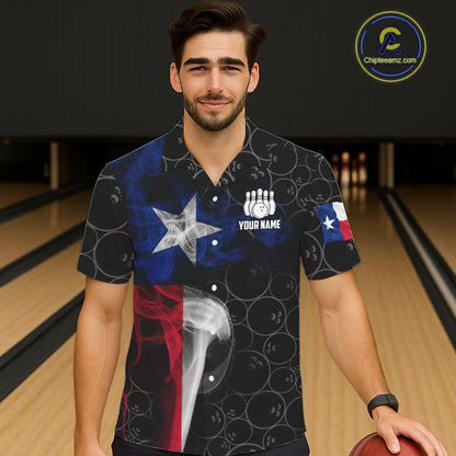 Personalized Texas Flag Smoke Hawaiian Bowling Shirt For Women, Patriotic Bowling Team Jersey TDM6088